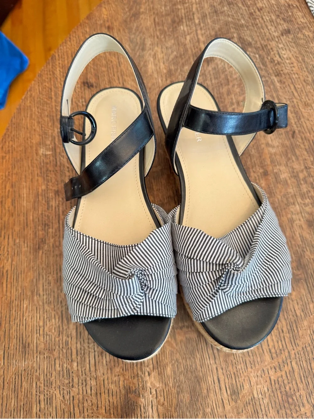 Marc Fisher Black and White Striped Cork Platform Sandals